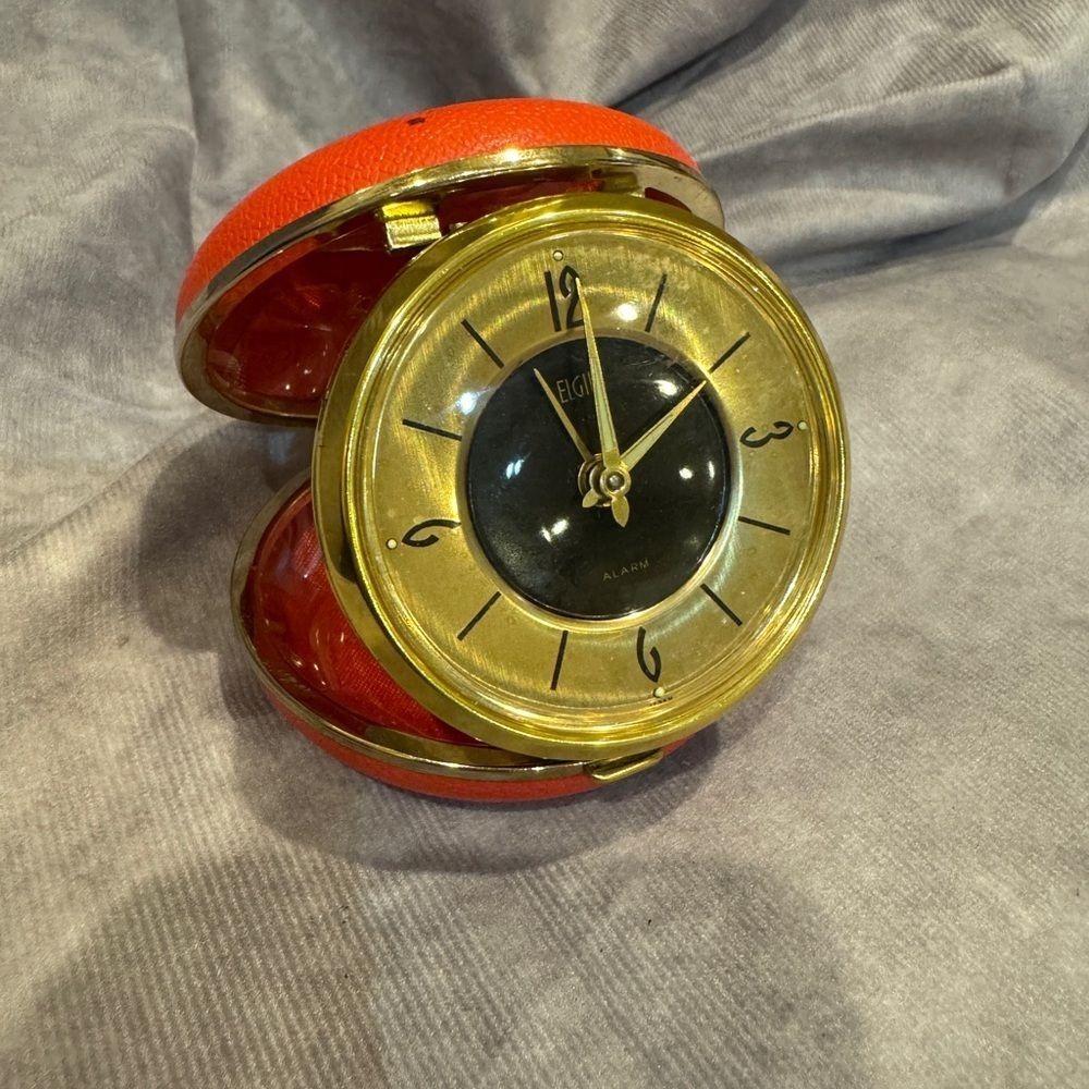 Elgin vintage travel alarm wind up‎ clock orange case